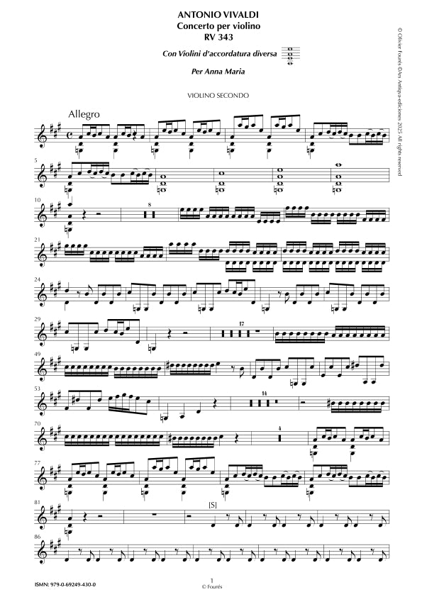 RV 343 Concerto per Violino in La maggiore "con violini d´accordatura diversa" per Anna Maria