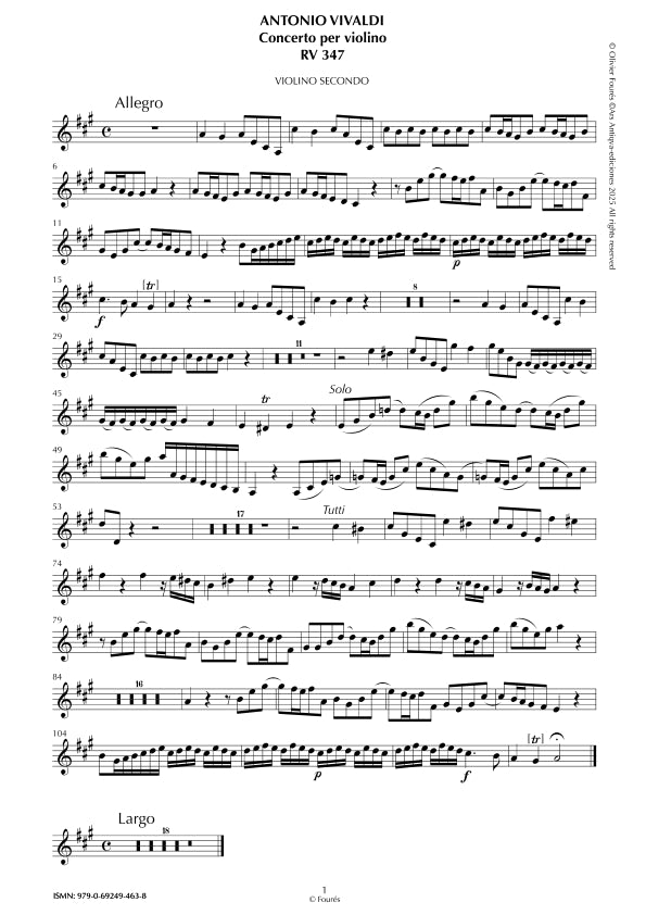 RV 347 Concerto per Violino in La maggiore "La Stravaganza" opera quarta N.V