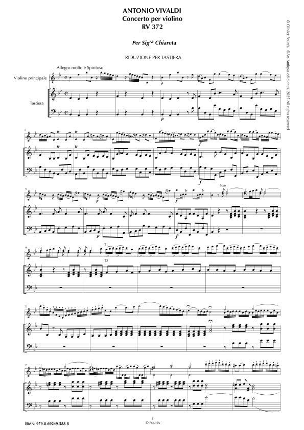 RV 372 - RV 372a Concerto per Violino in Sib maggiore per Sig.ra Chiareta