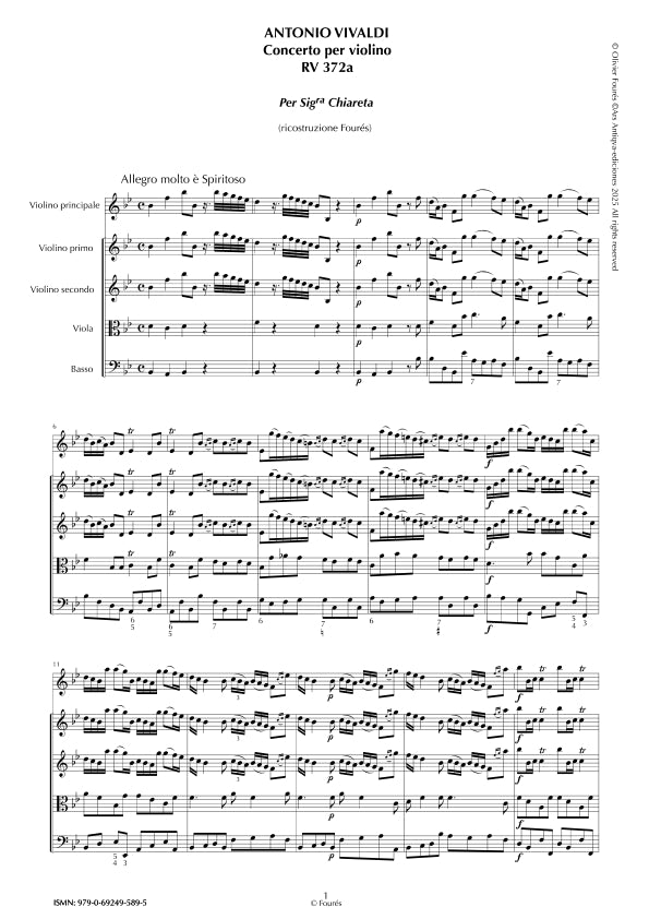 RV 372 - RV 372a Concerto per Violino in Sib maggiore per Sig.ra Chiareta