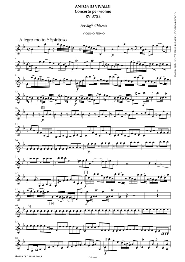 RV 372 - RV 372a Concerto per Violino in Sib maggiore per Sig.ra Chiareta