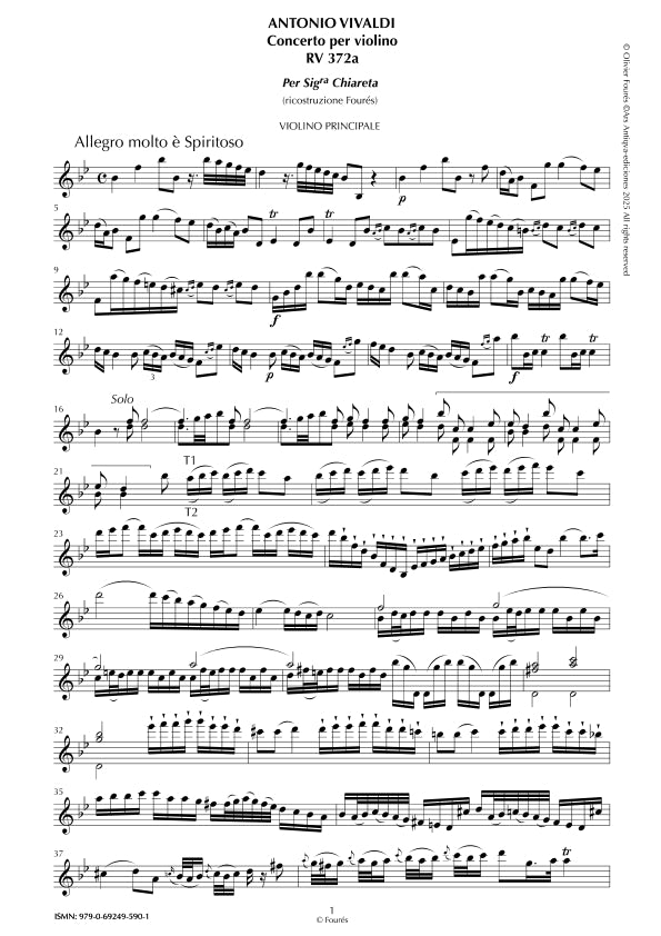 RV 372 - RV 372a Concerto per Violino in Sib maggiore per Sig.ra Chiareta