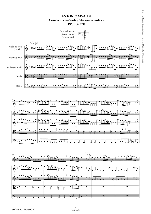 RV 395 / RV 770 Concerto per Viola d´Amor o Violino in in re minore