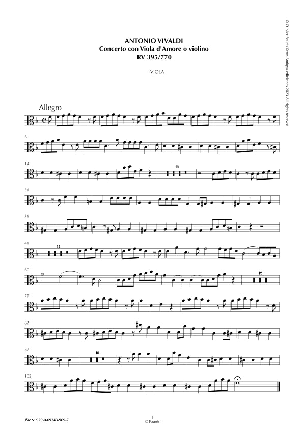 RV 395 / RV 770 Concerto per Viola d´Amor o Violino in in re minore