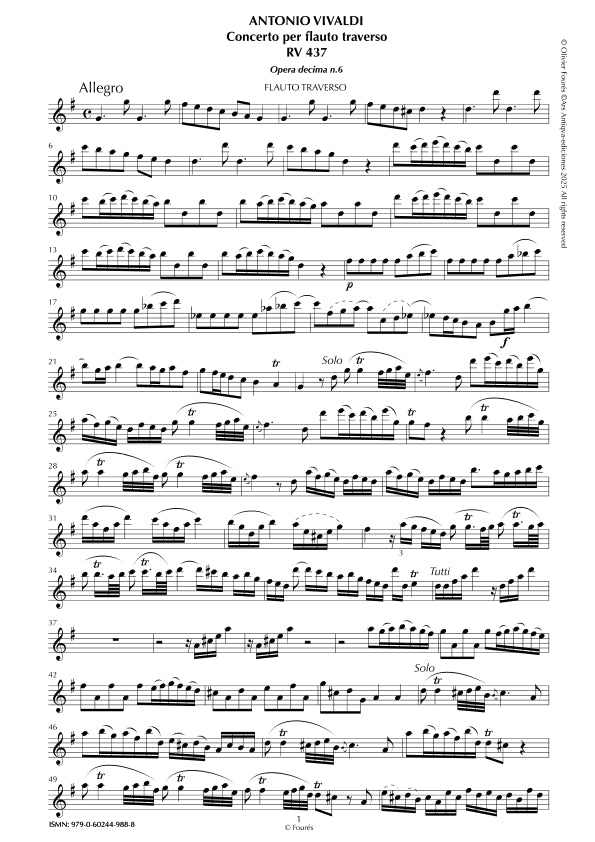 RV 437 Concerto per Traverso in Sol maggiore. Opera decima n.VI