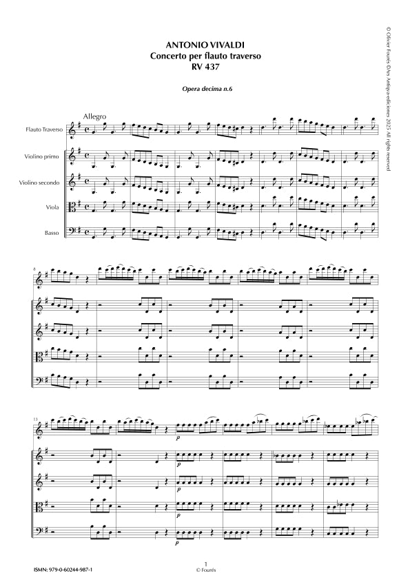 RV 437 Concerto per Traverso in Sol maggiore. Opera decima n.VI