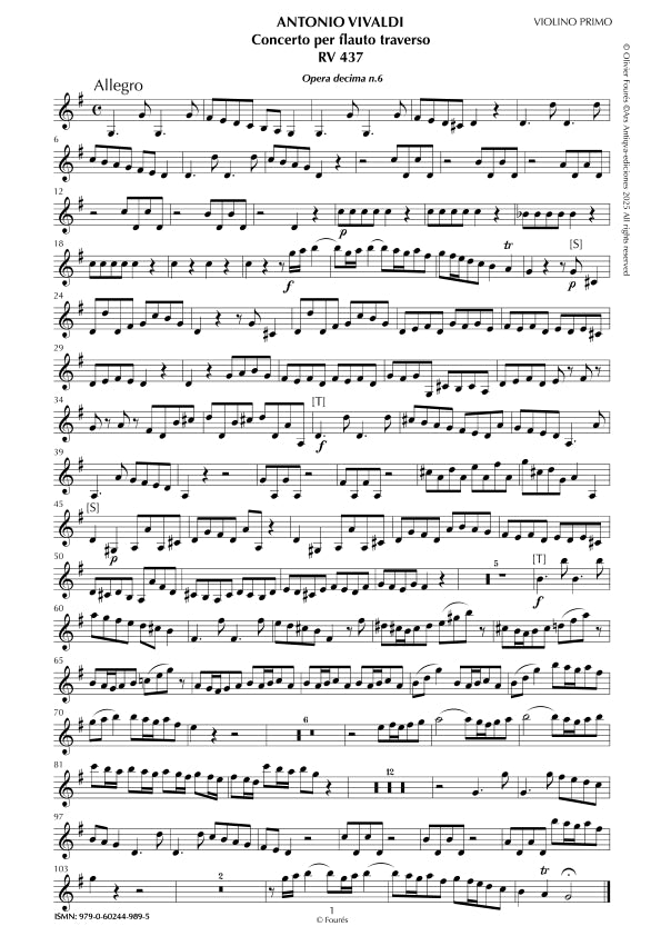 RV 437 Concerto per Traverso in Sol maggiore. Opera decima n.VI