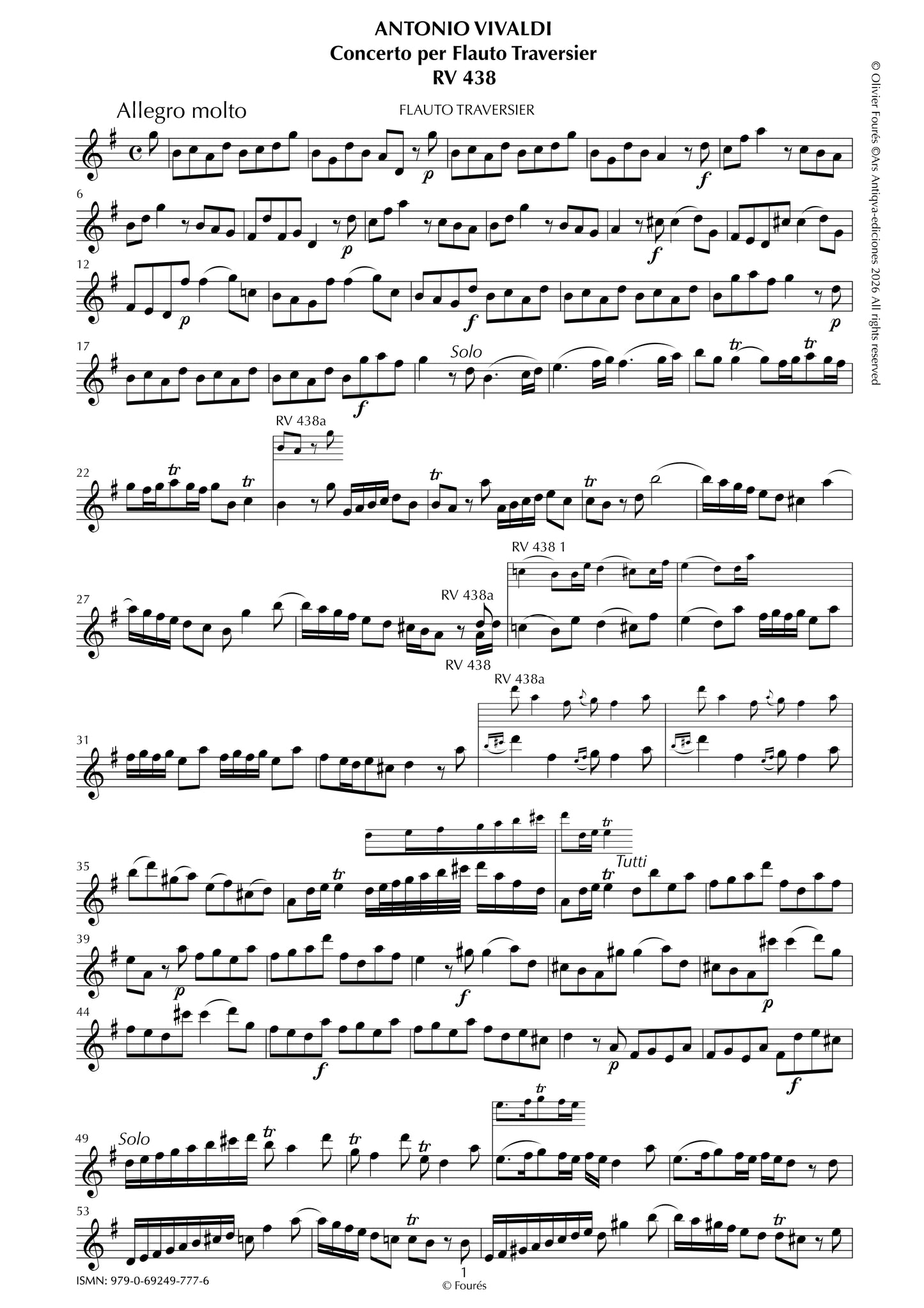 RV 438 / RV 438a Concerto per Traversier in Sol maggiore.