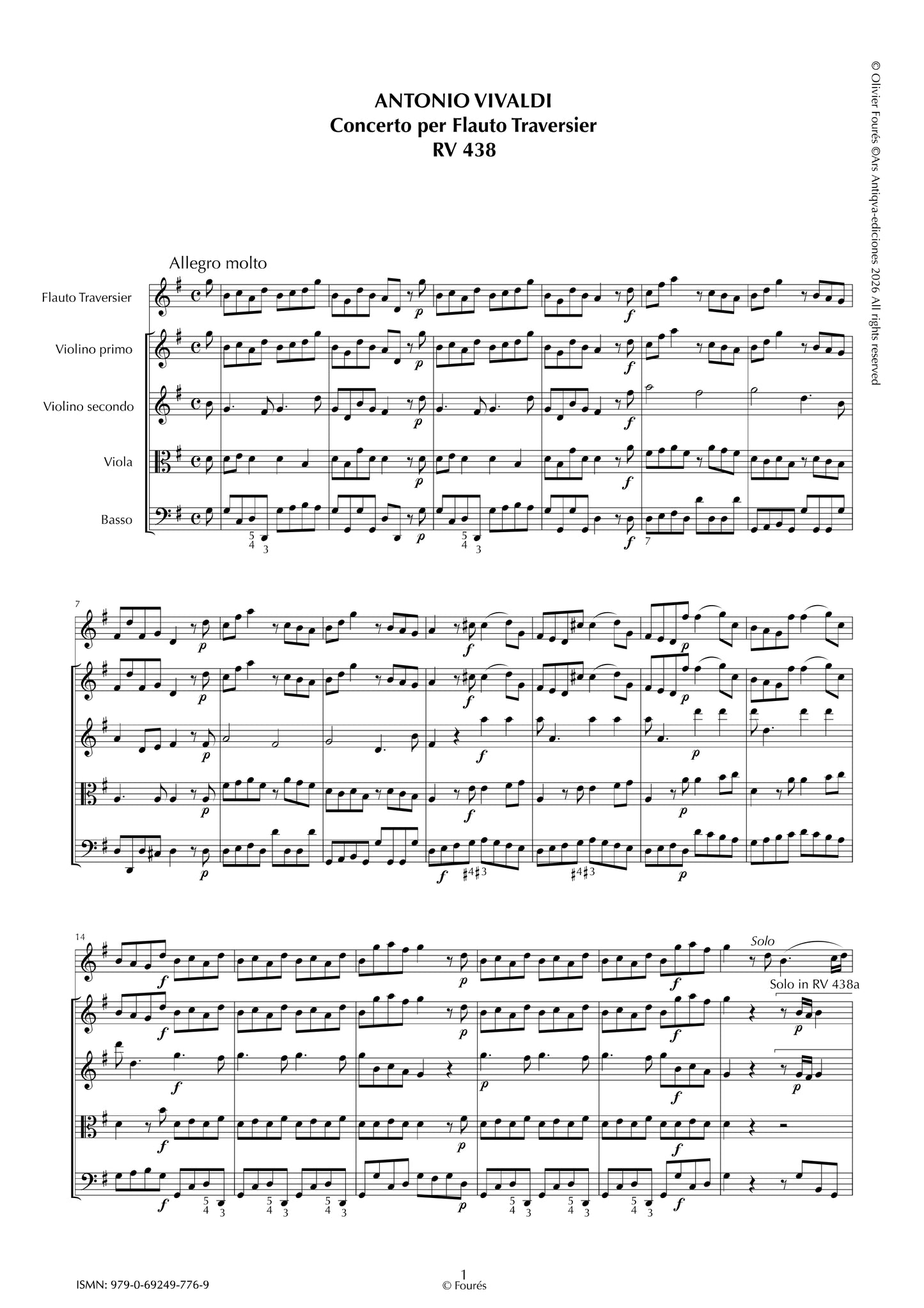 RV 438 / RV 438a Concerto per Traversier in Sol maggiore.