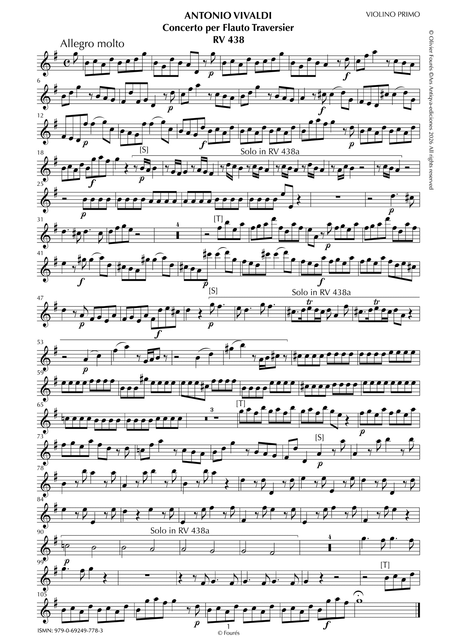 RV 438 / RV 438a Concerto per Traversier in Sol maggiore.