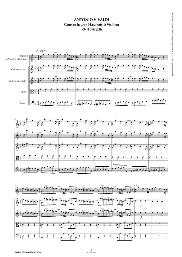 RV 454 / RV 236 Concerto per Haubois ò Violino in re minore "Il Cimento dell´Armonia e dell´Invenzione" opera ottava N.IX