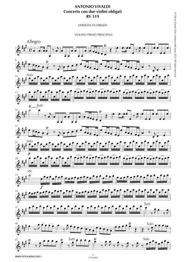 RV 519 Concerto per 2 Violini in La maggiore "L´Estro Armonico" opera terza n.V