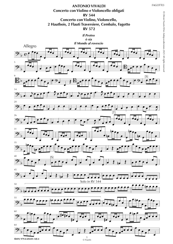 RV 544 - RV 572 "Il Proteo ò sia Il Mondo al rovescio" Concerto con Violino e Violoncello o Violino, Violoncello, 2 Flauti Traversieri, 2 Hautbois, Cembalo e Fagotto