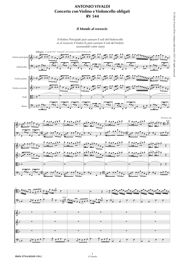 RV 544 - RV 572 "Il Proteo ò sia Il Mondo al rovescio" Concerto con Violino e Violoncello o Violino, Violoncello, 2 Flauti Traversieri, 2 Hautbois, Cembalo e Fagotto