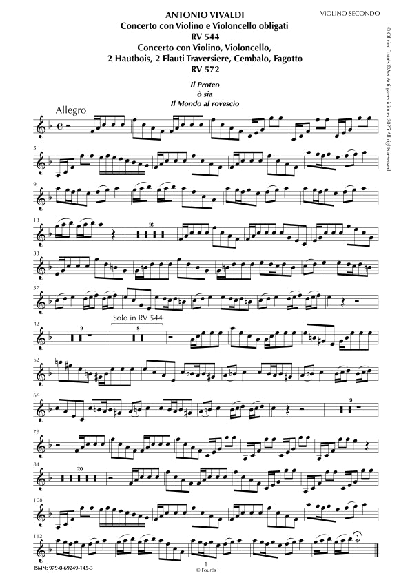 RV 544 - RV 572 "Il Proteo ò sia Il Mondo al rovescio" Concerto con Violino e Violoncello o Violino, Violoncello, 2 Flauti Traversieri, 2 Hautbois, Cembalo e Fagotto
