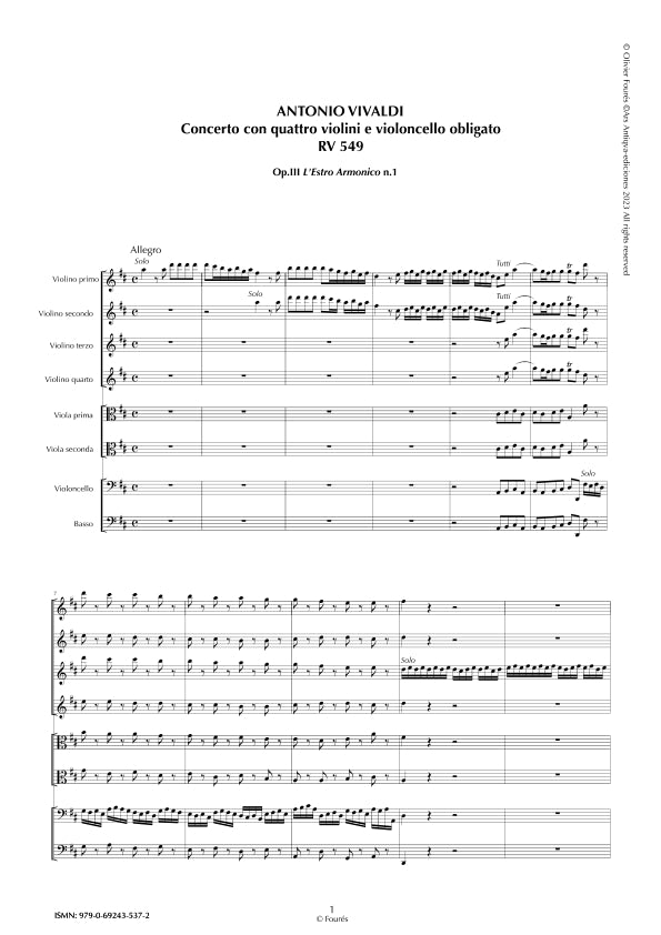 RV 549 Concerto per 4 Violini, 2 Violette, Violoncello e Basso in Re maggiore "L´Estro Armonico" opera terza n.I