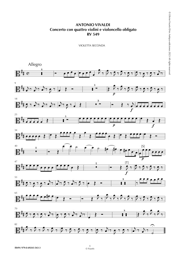 RV 549 Concerto per 4 Violini, 2 Violette, Violoncello e Basso in Re maggiore "L´Estro Armonico" opera terza n.I