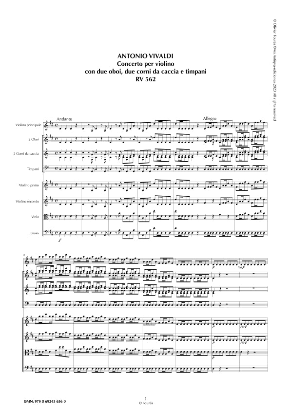 RV 562 Concerto "per la Solennità di San Lorenzo" per Violino, con 2 Oboi, 2 Corni da Caccia e Timpani in Re maggiore