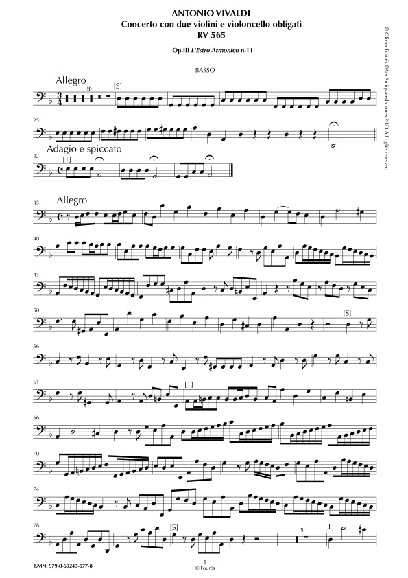 RV 565 Concerto per 2 Violini e Violoncello obligati in re minore "L´Estro Armonico" opera terza n.XI