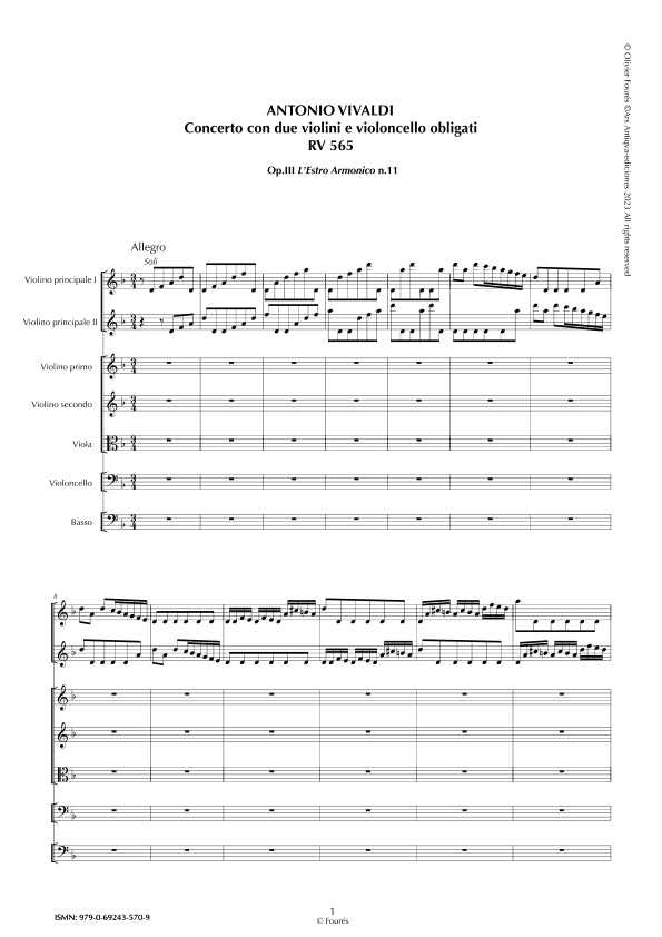 RV 565 Concerto per 2 Violini e Violoncello obligati in re minore "L´Estro Armonico" opera terza n.XI