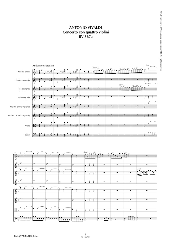 RV 567 / RV567a Concerto per 4 Violini e Violoncello in Fa maggiore "L´Estro Armonico" opera terza n.VII