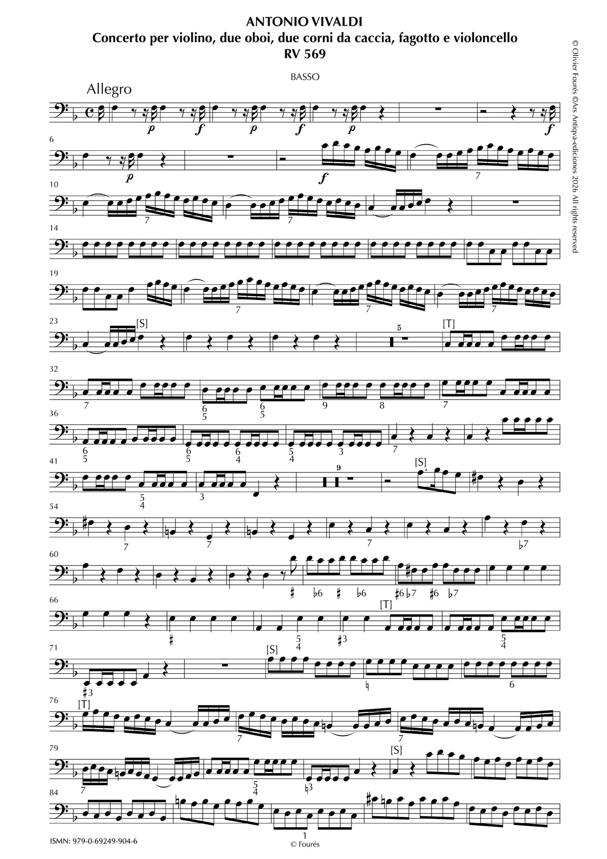 RV 569 Concerto per Violino, 2 Corni da caccia, 2 Oboi, Fagotto e Violoncello in Fa maggiore