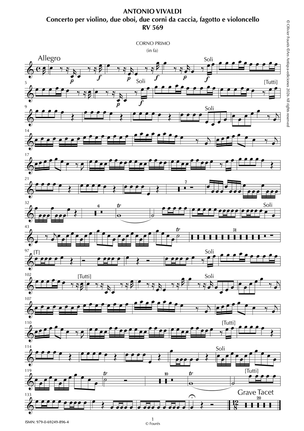 RV 569 Concerto per Violino, 2 Corni da caccia, 2 Oboi, Fagotto e Violoncello in Fa maggiore
