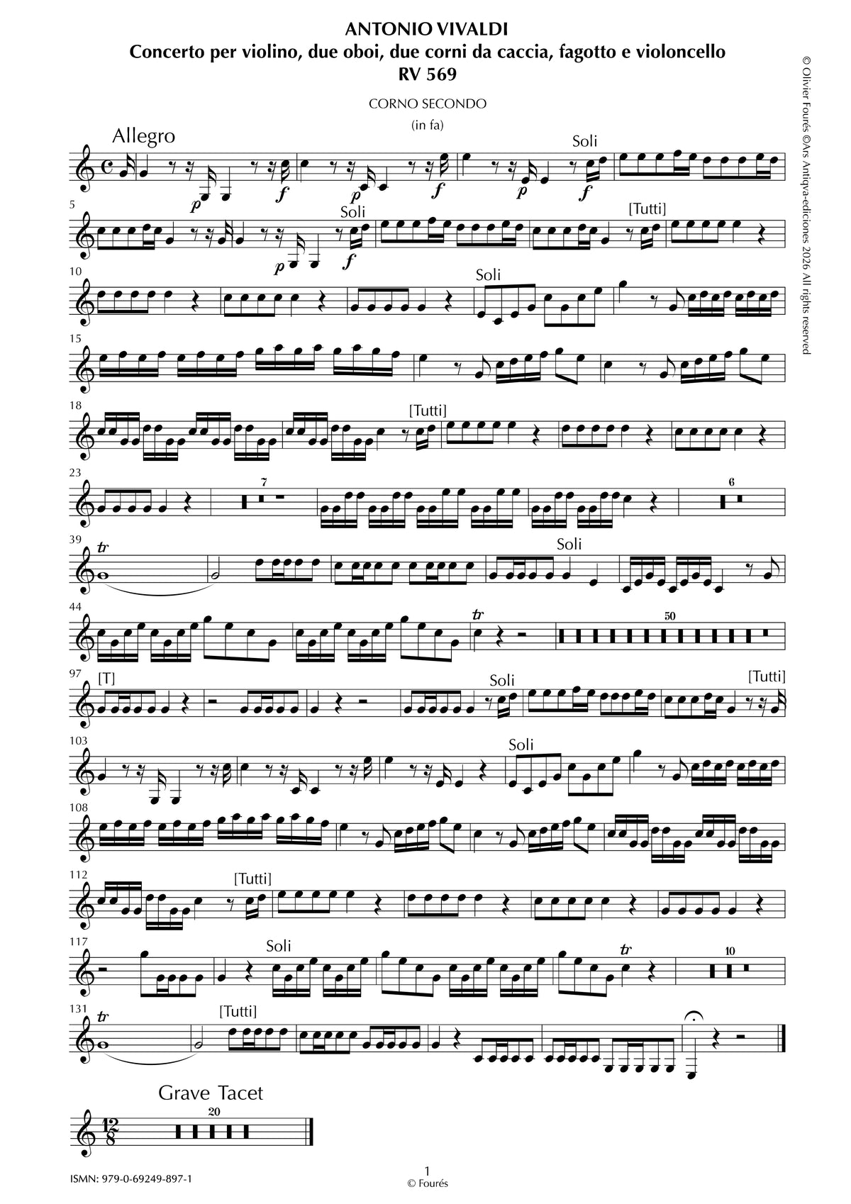 RV 569 Concerto per Violino, 2 Corni da caccia, 2 Oboi, Fagotto e Violoncello in Fa maggiore