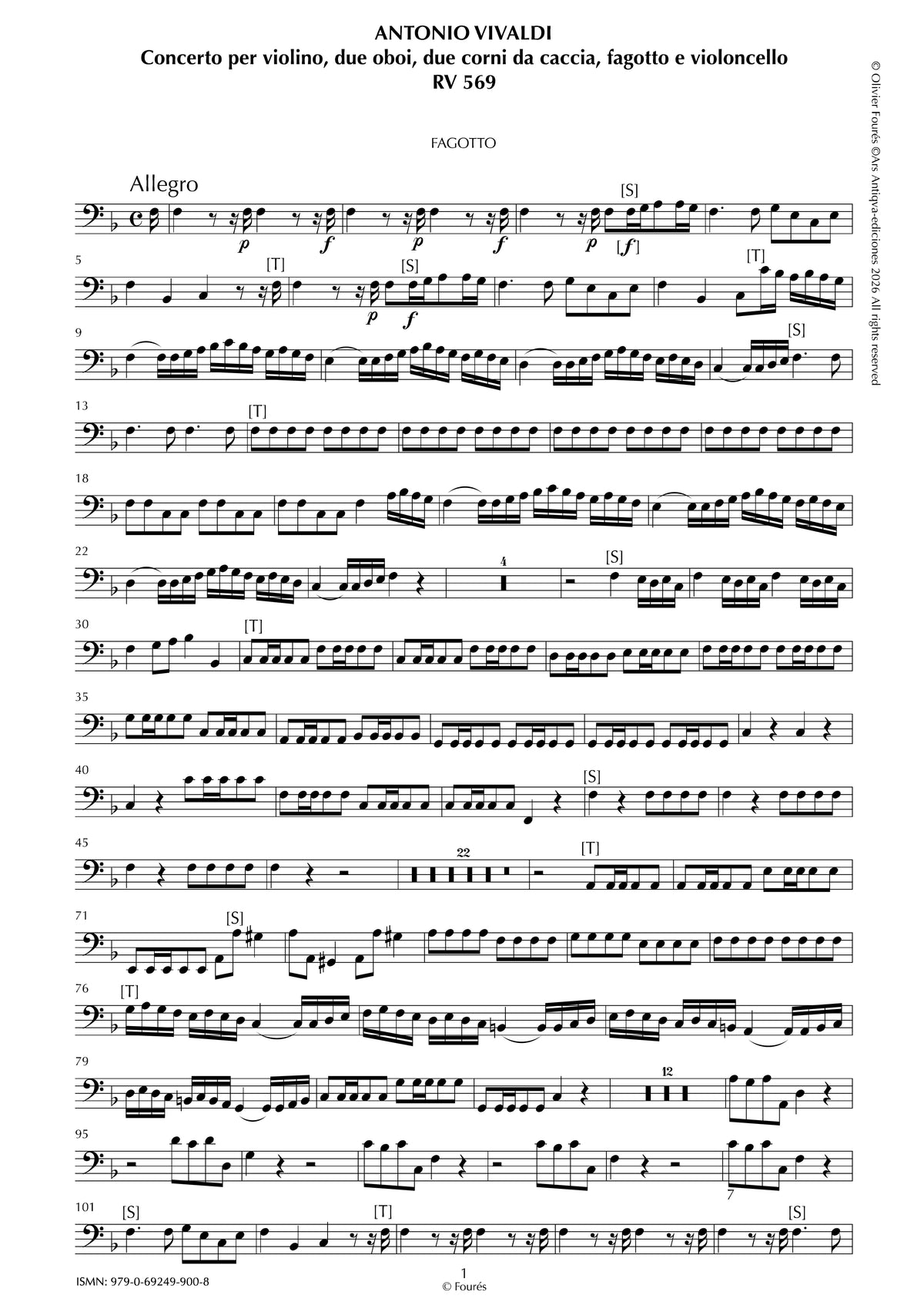 RV 569 Concerto per Violino, 2 Corni da caccia, 2 Oboi, Fagotto e Violoncello in Fa maggiore