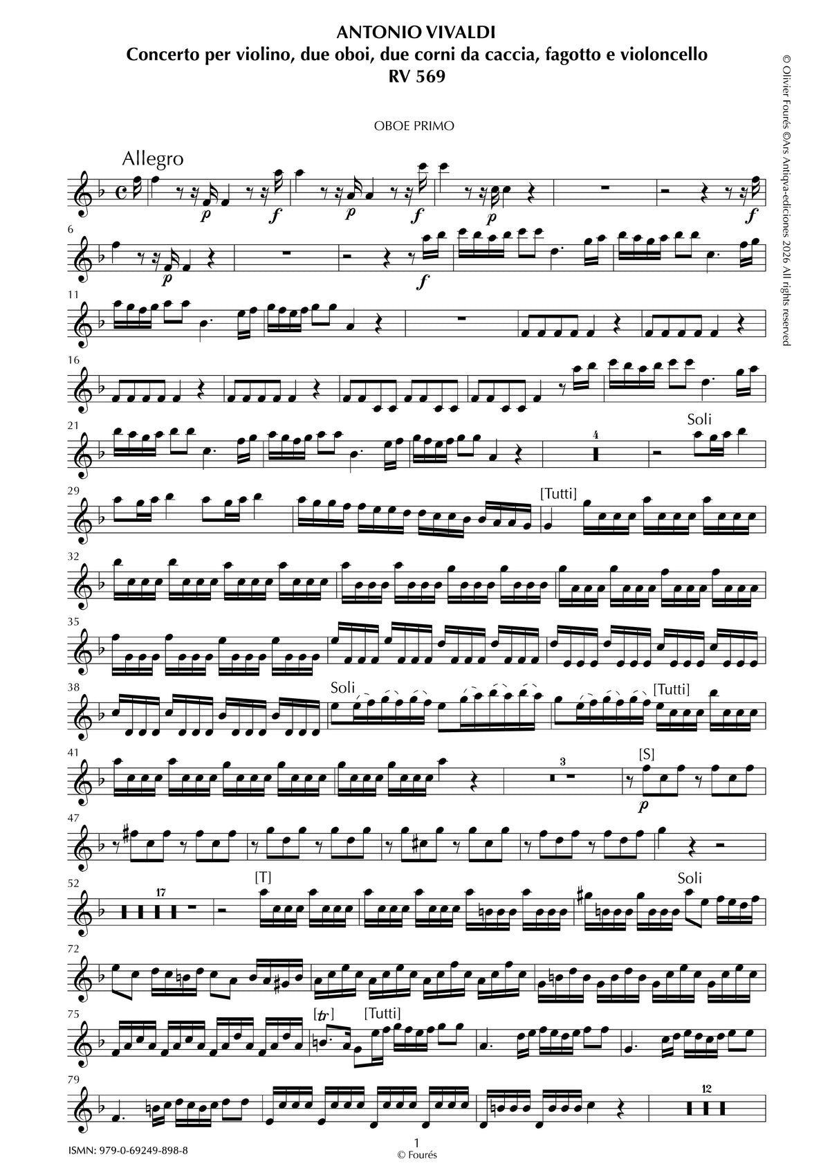 RV 569 Concerto per Violino, 2 Corni da caccia, 2 Oboi, Fagotto e Violoncello in Fa maggiore