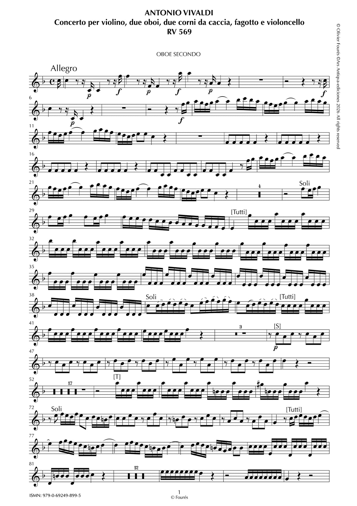 RV 569 Concerto per Violino, 2 Corni da caccia, 2 Oboi, Fagotto e Violoncello in Fa maggiore