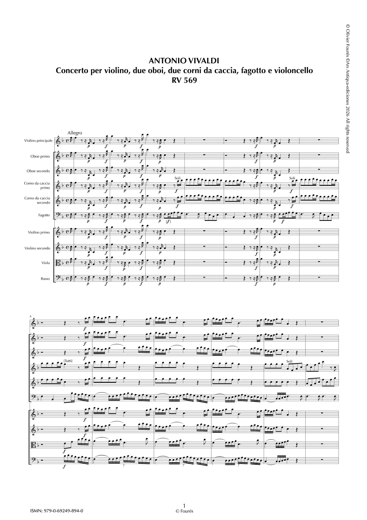 RV 569 Concerto per Violino, 2 Corni da caccia, 2 Oboi, Fagotto e Violoncello in Fa maggiore