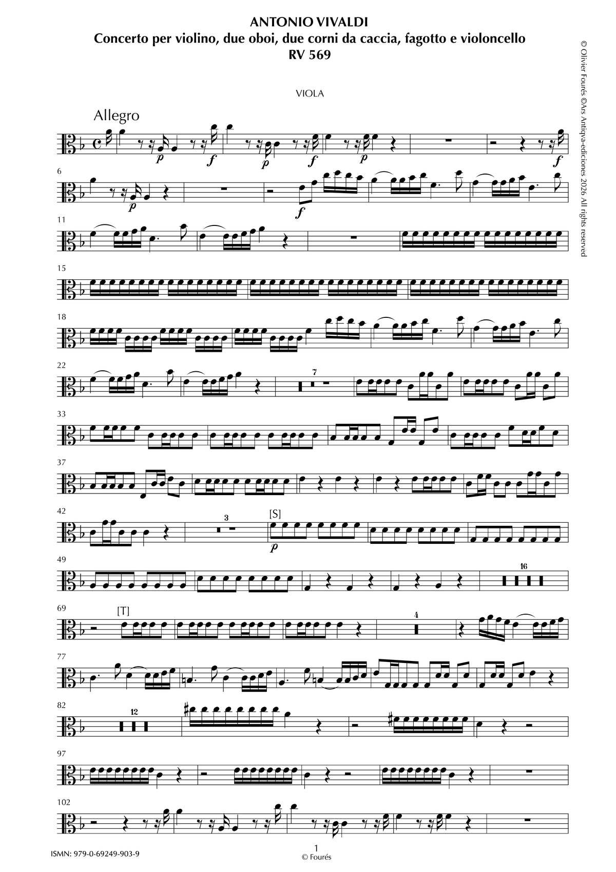 RV 569 Concerto per Violino, 2 Corni da caccia, 2 Oboi, Fagotto e Violoncello in Fa maggiore