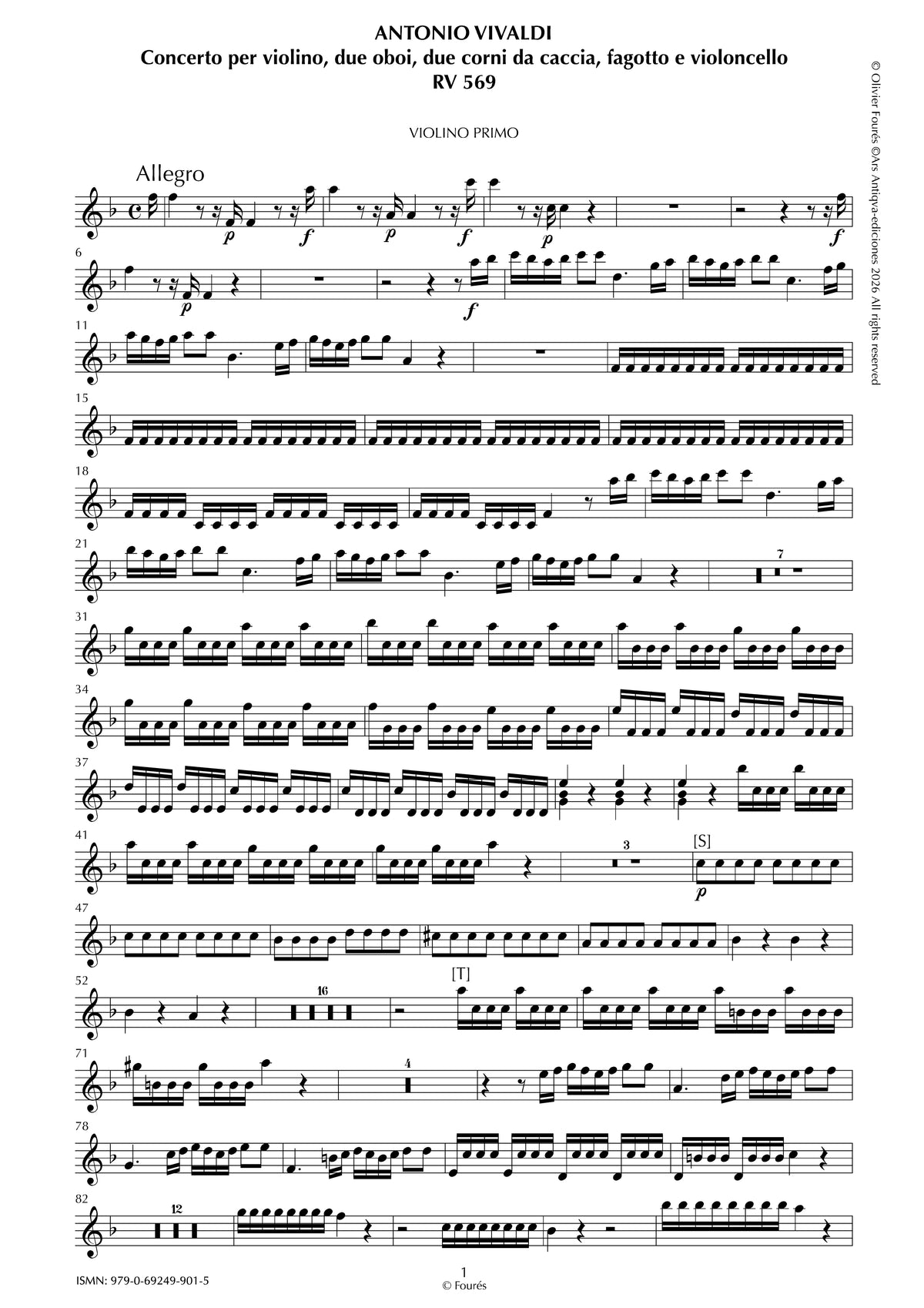 RV 569 Concerto per Violino, 2 Corni da caccia, 2 Oboi, Fagotto e Violoncello in Fa maggiore