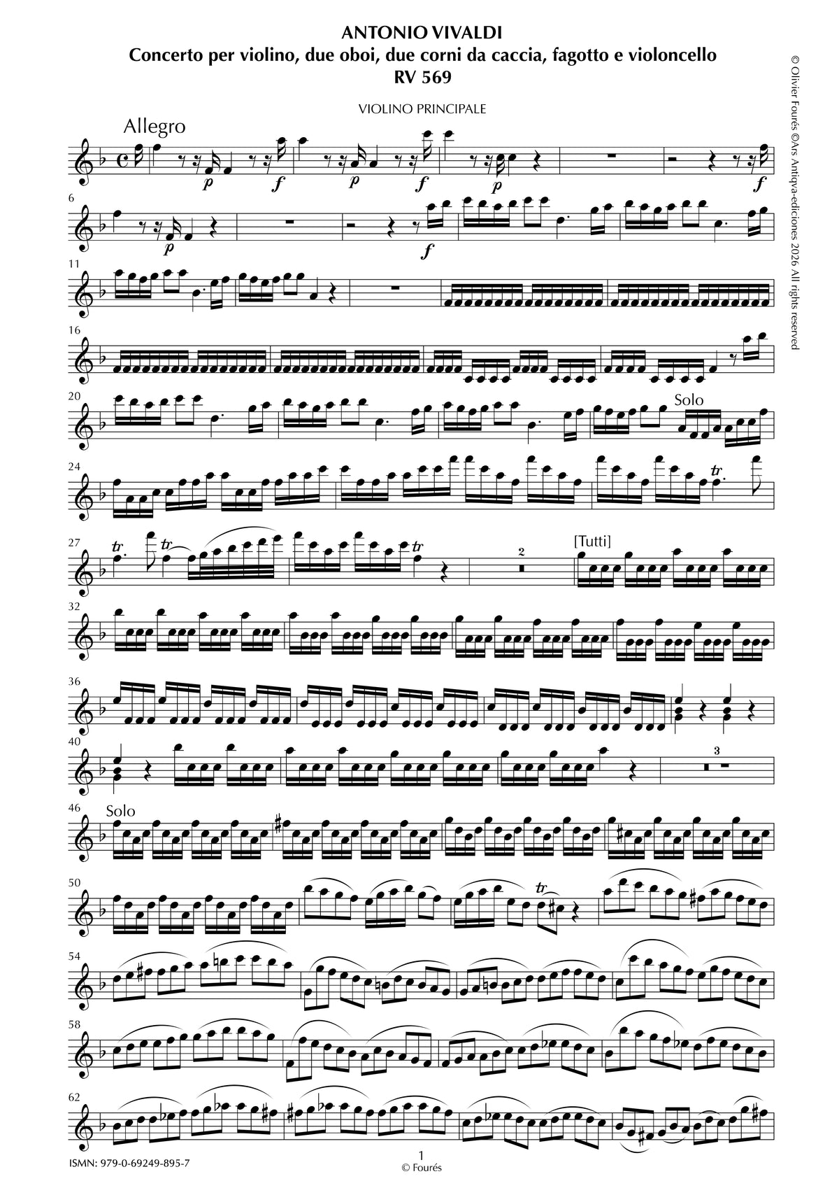 RV 569 Concerto per Violino, 2 Corni da caccia, 2 Oboi, Fagotto e Violoncello in Fa maggiore