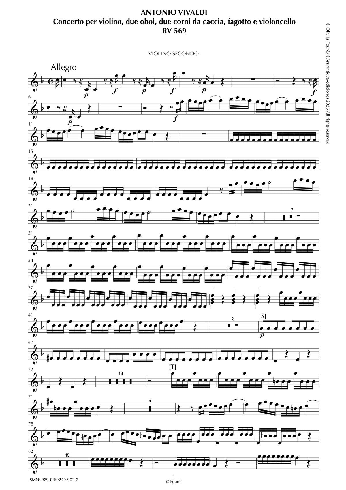 RV 569 Concerto per Violino, 2 Corni da caccia, 2 Oboi, Fagotto e Violoncello in Fa maggiore