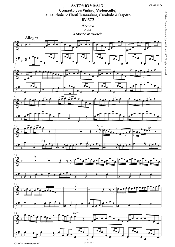 RV 544 - RV 572 "Il Proteo ò sia Il Mondo al rovescio" Concerto con Violino e Violoncello o Violino, Violoncello, 2 Flauti Traversieri, 2 Hautbois, Cembalo e Fagotto