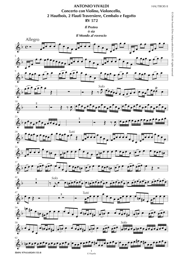 RV 544 - RV 572 "Il Proteo ò sia Il Mondo al rovescio" Concerto con Violino e Violoncello o Violino, Violoncello, 2 Flauti Traversieri, 2 Hautbois, Cembalo e Fagotto