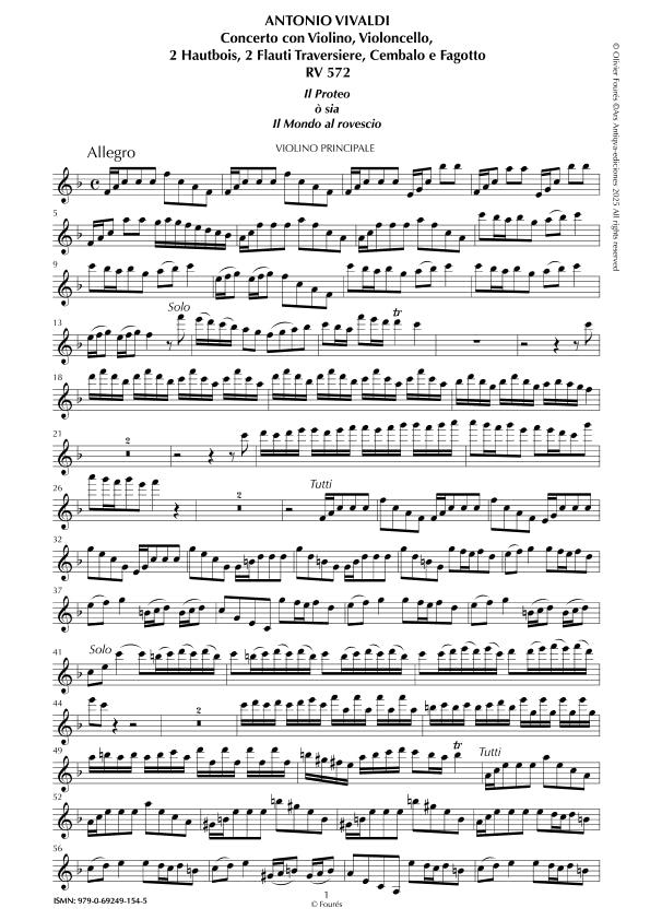 RV 544 - RV 572 "Il Proteo ò sia Il Mondo al rovescio" Concerto con Violino e Violoncello o Violino, Violoncello, 2 Flauti Traversieri, 2 Hautbois, Cembalo e Fagotto