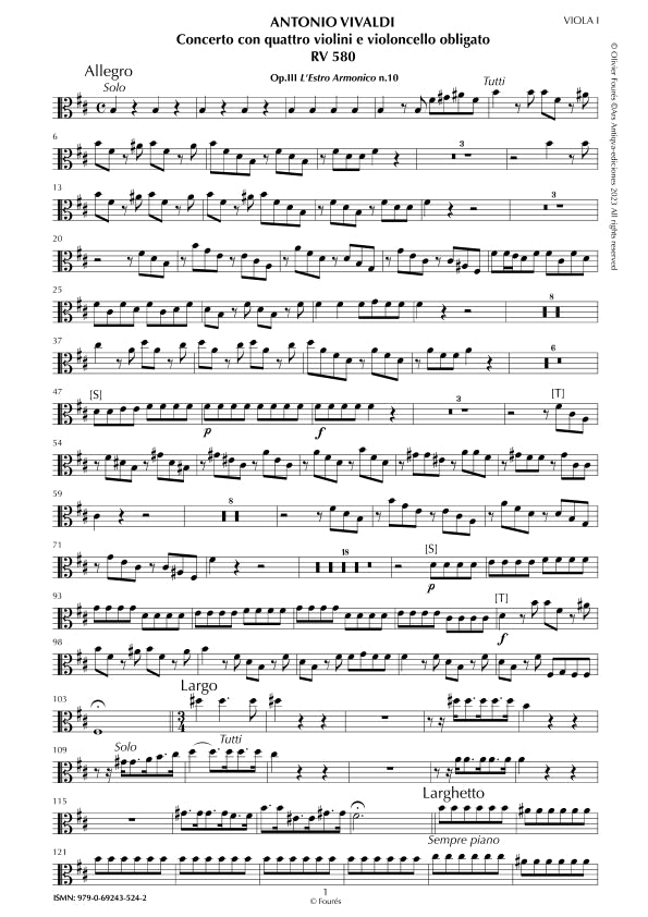 RV 580 Concerto per 4 Violini, 2 Violette, Violoncello e Basso in si minore. Opera terxa n.X