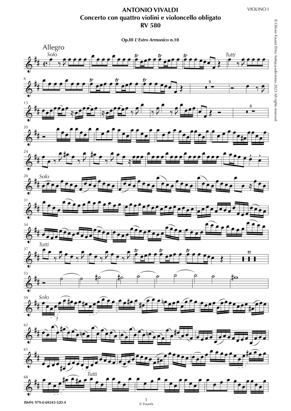 RV 580 Concerto per 4 Violini, 2 Violette, Violoncello e Basso in si minore. Opera terxa n.X