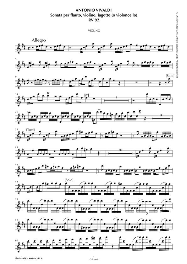 RV 92 Sonata per Flauto, Violino, Fagotto (ò VIoloncello) in Re maggiore