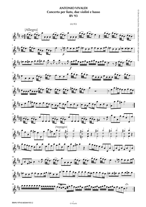 RV 93 Concerto per Liuto, 2 Violino e Basso in Re maggiore