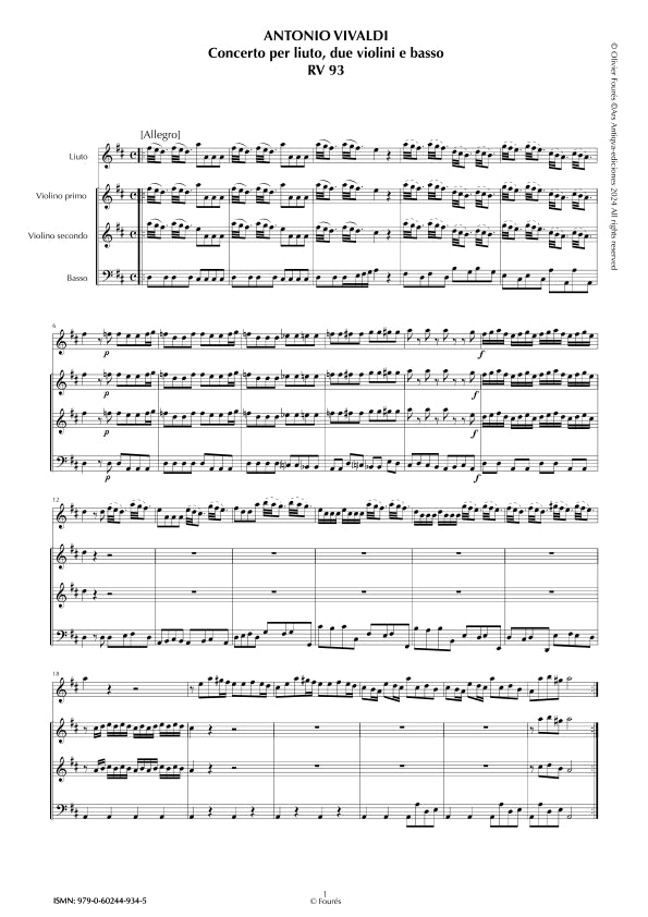 RV 93 Concerto per Liuto, 2 Violino e Basso in Re maggiore